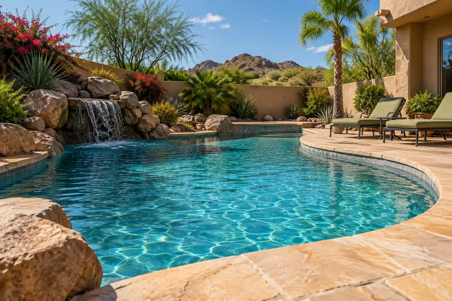 Freeform turquoise pool with a boulder waterfall, a sandstone deck and two loungers in a desert backyard