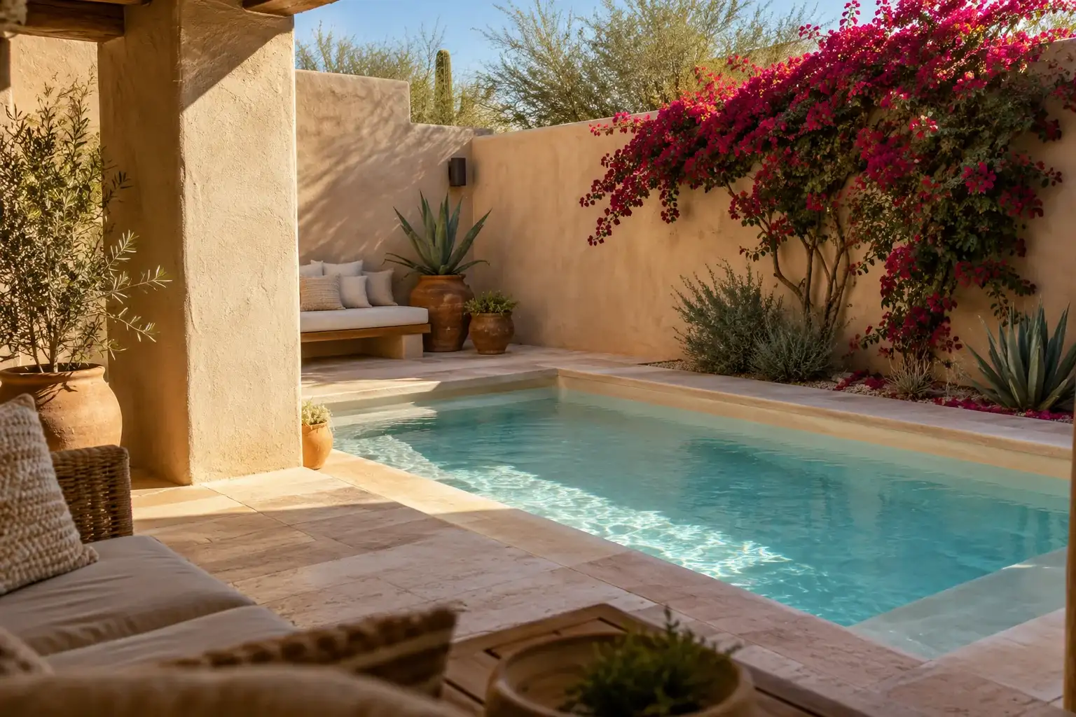 Small rectangular plunge pool with a cream plaster finish in a courtyard with bougainvillea