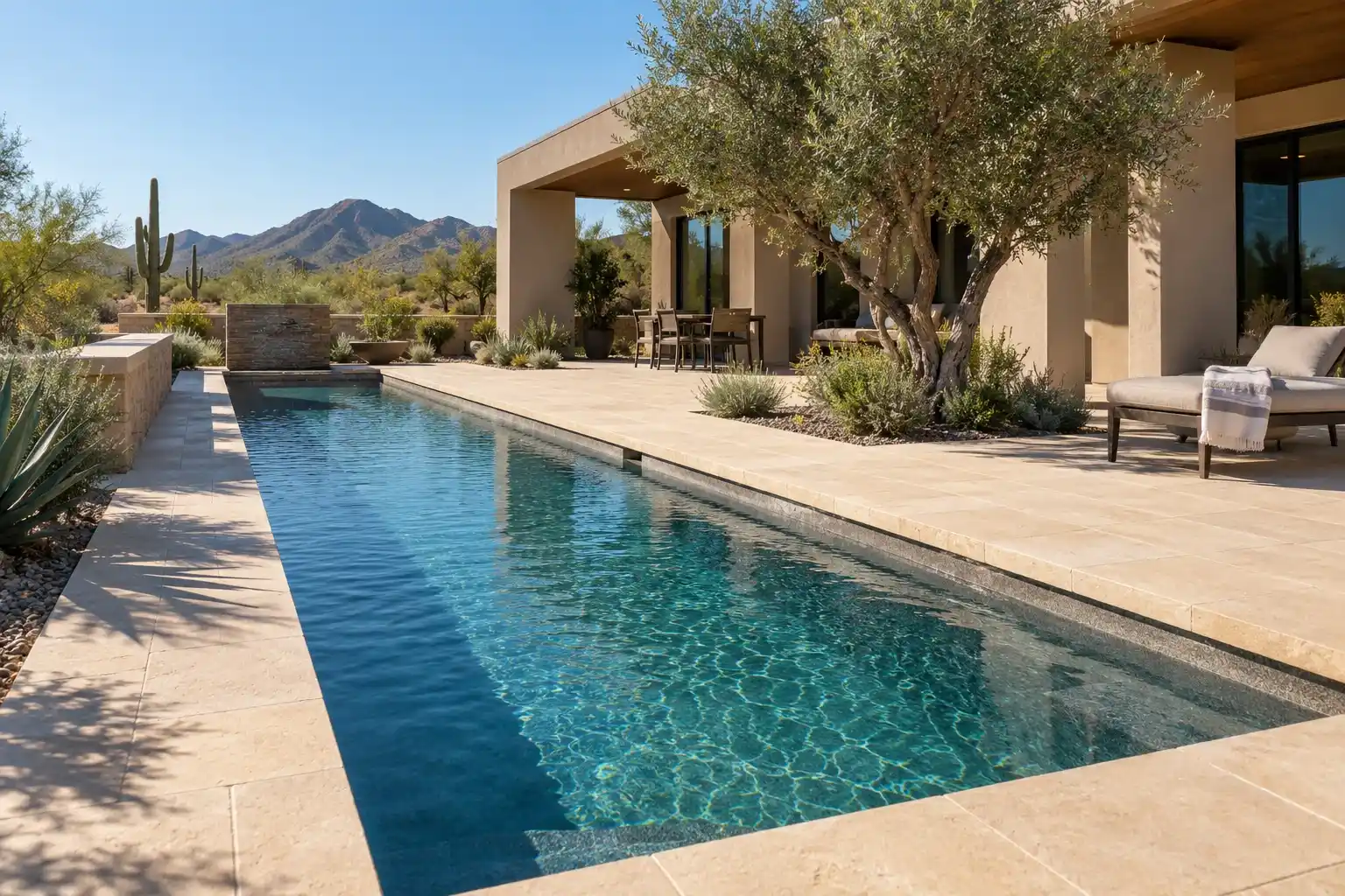 Long narrow lap pool with a gray aggregate finish beside a modern desert home