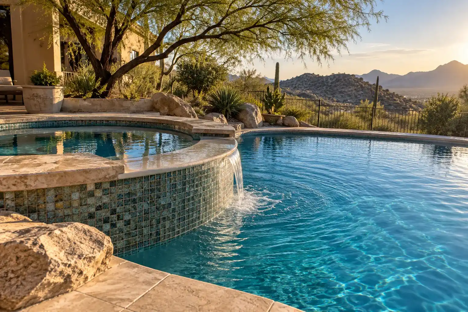 Raised round spa with blue mosaic tile spilling into a blue pool, desert hills behind