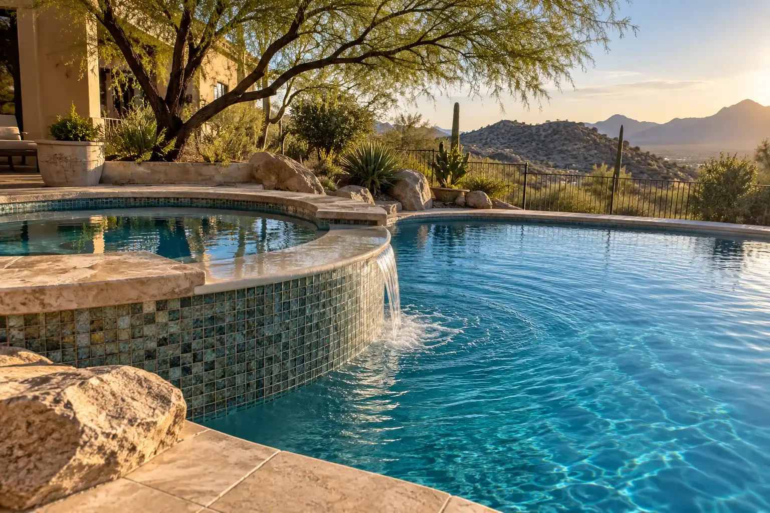 Raised round spa with blue mosaic tile spilling into a blue pool, desert hills behind