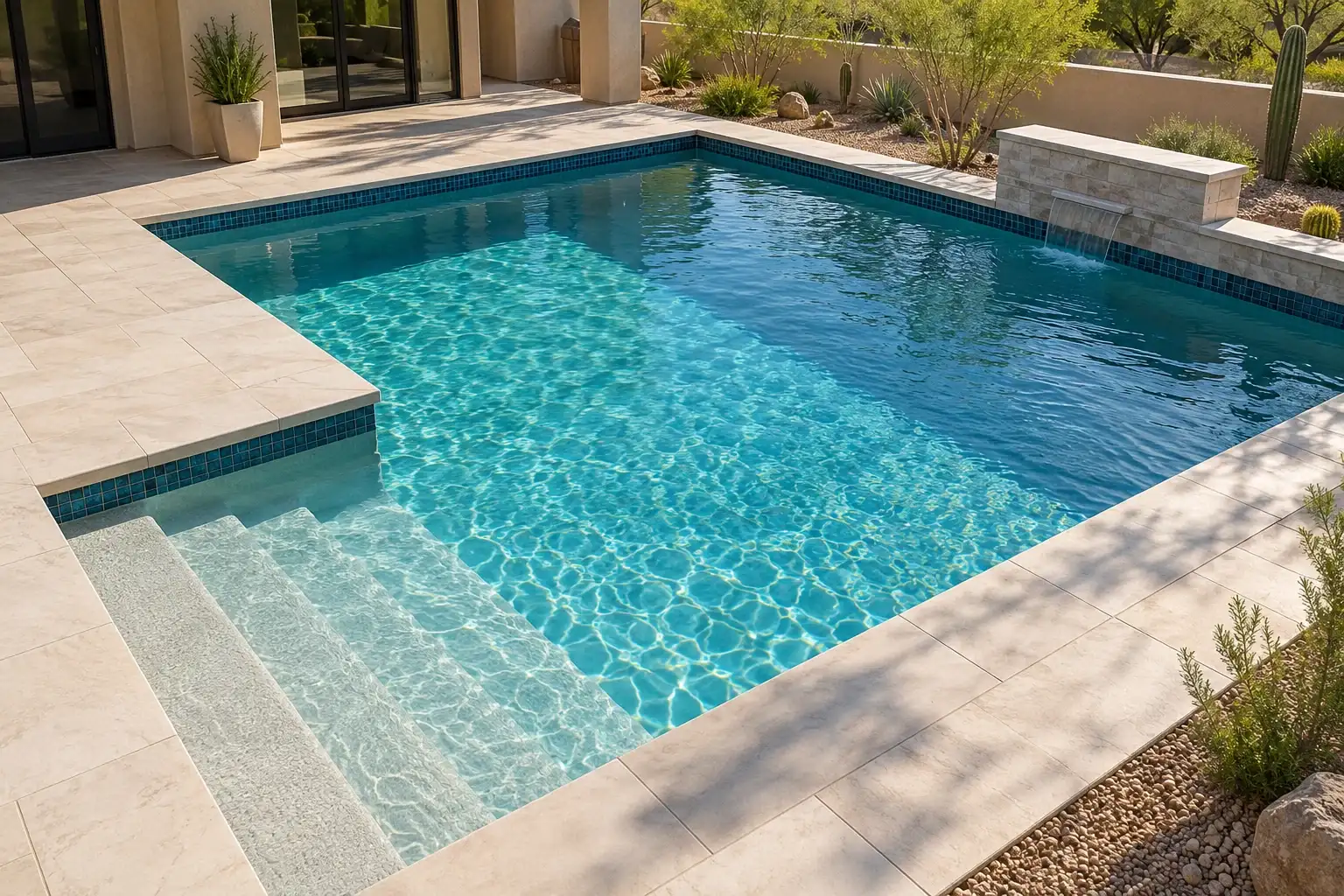 L shaped pool seen from above with wide shallow entry steps and travertine coping