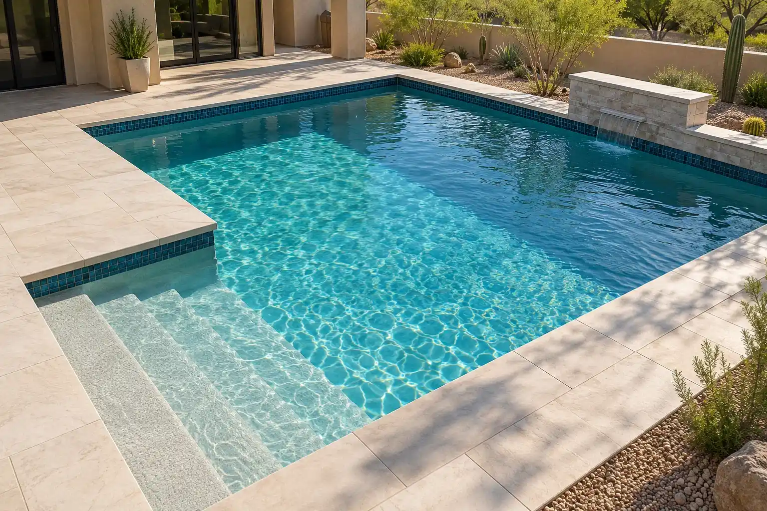 L shaped pool seen from above with wide shallow entry steps and travertine coping