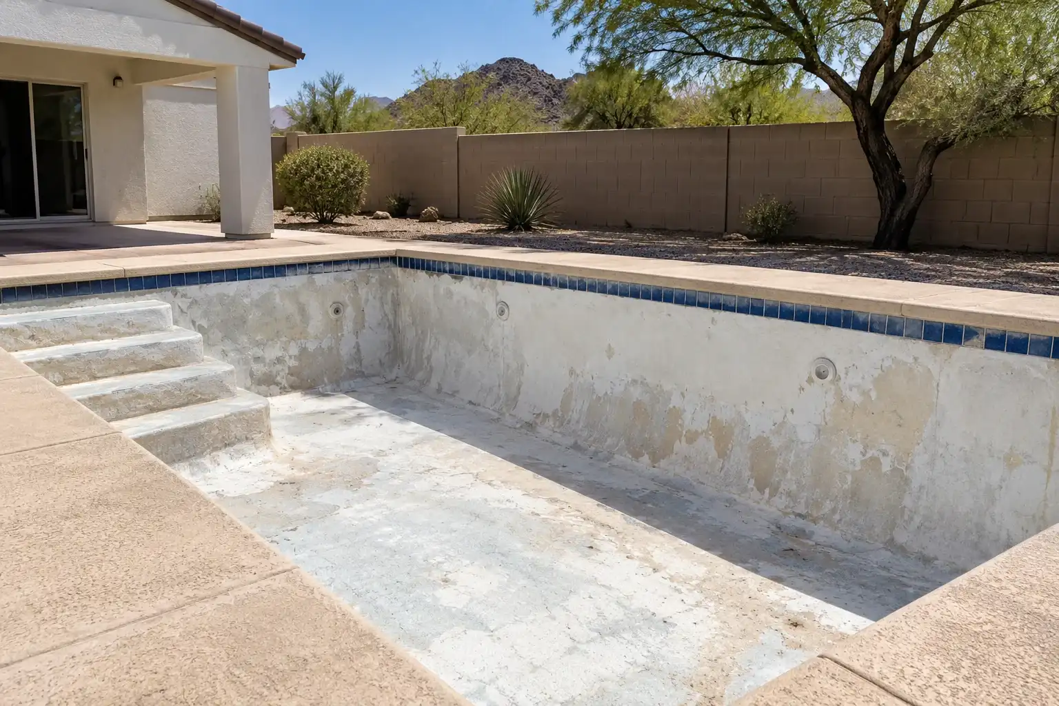 Drained rectangular pool with a worn, stained and rough plaster finish