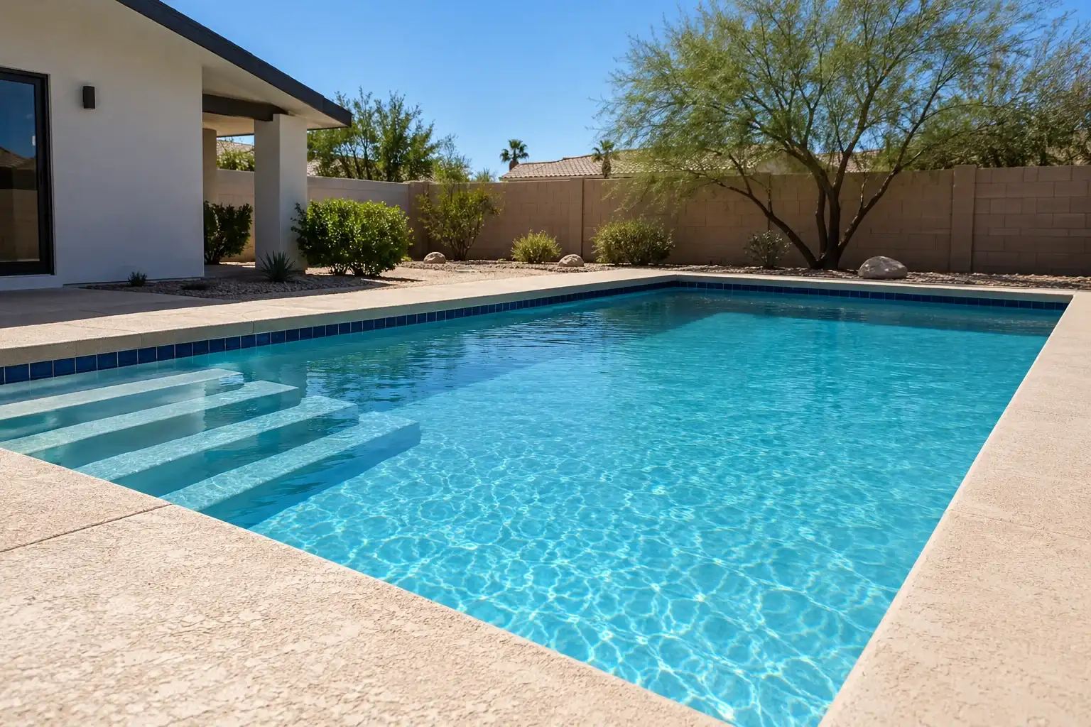 Rectangular pool with a fresh finish, filled with clear blue water