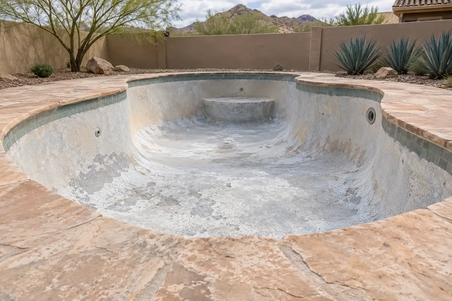 Empty freeform pool with an aging, blotchy plaster finish