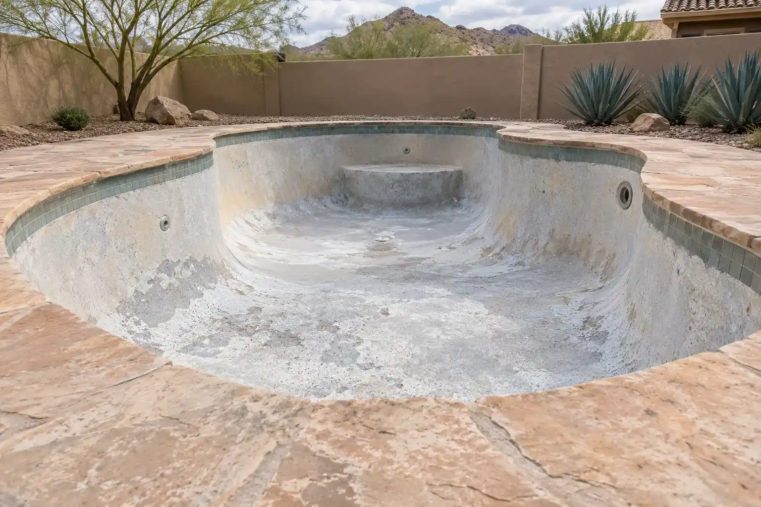 Empty freeform pool with an aging, blotchy plaster finish