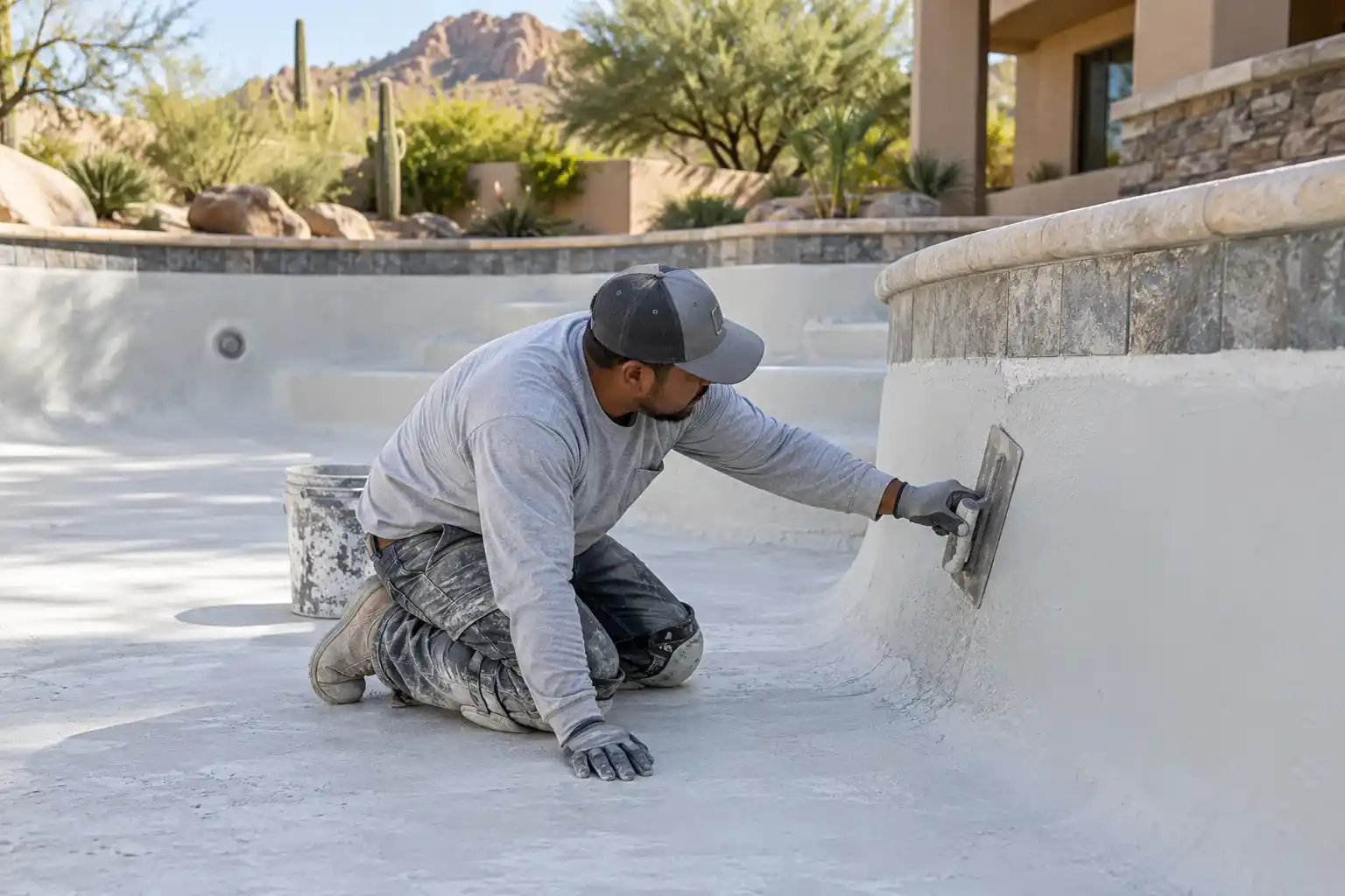 Worker kneeling in a drained pool, smoothing fresh white plaster with a trowel