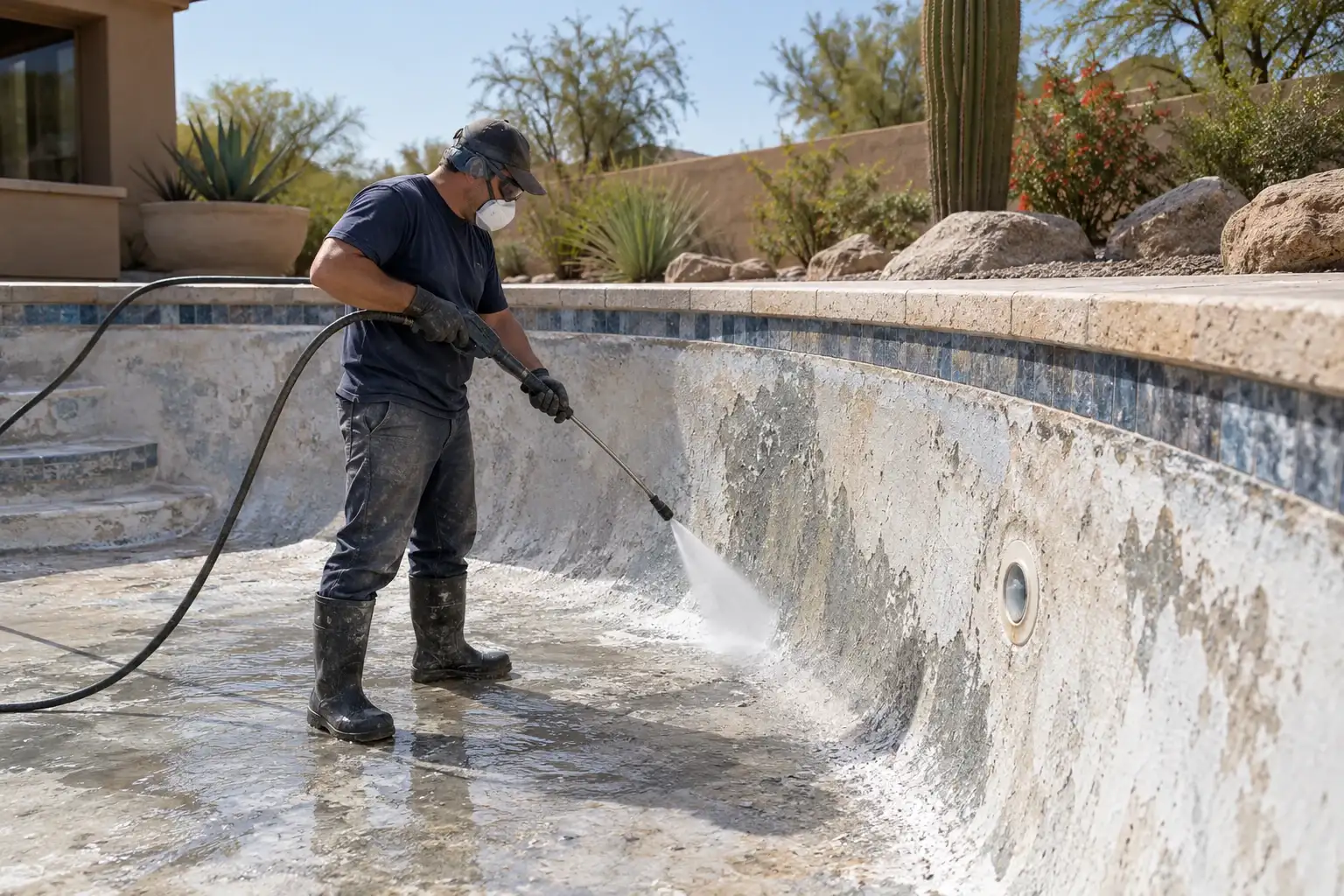 Worker pressure washing the wall of a drained pool before a new finish
