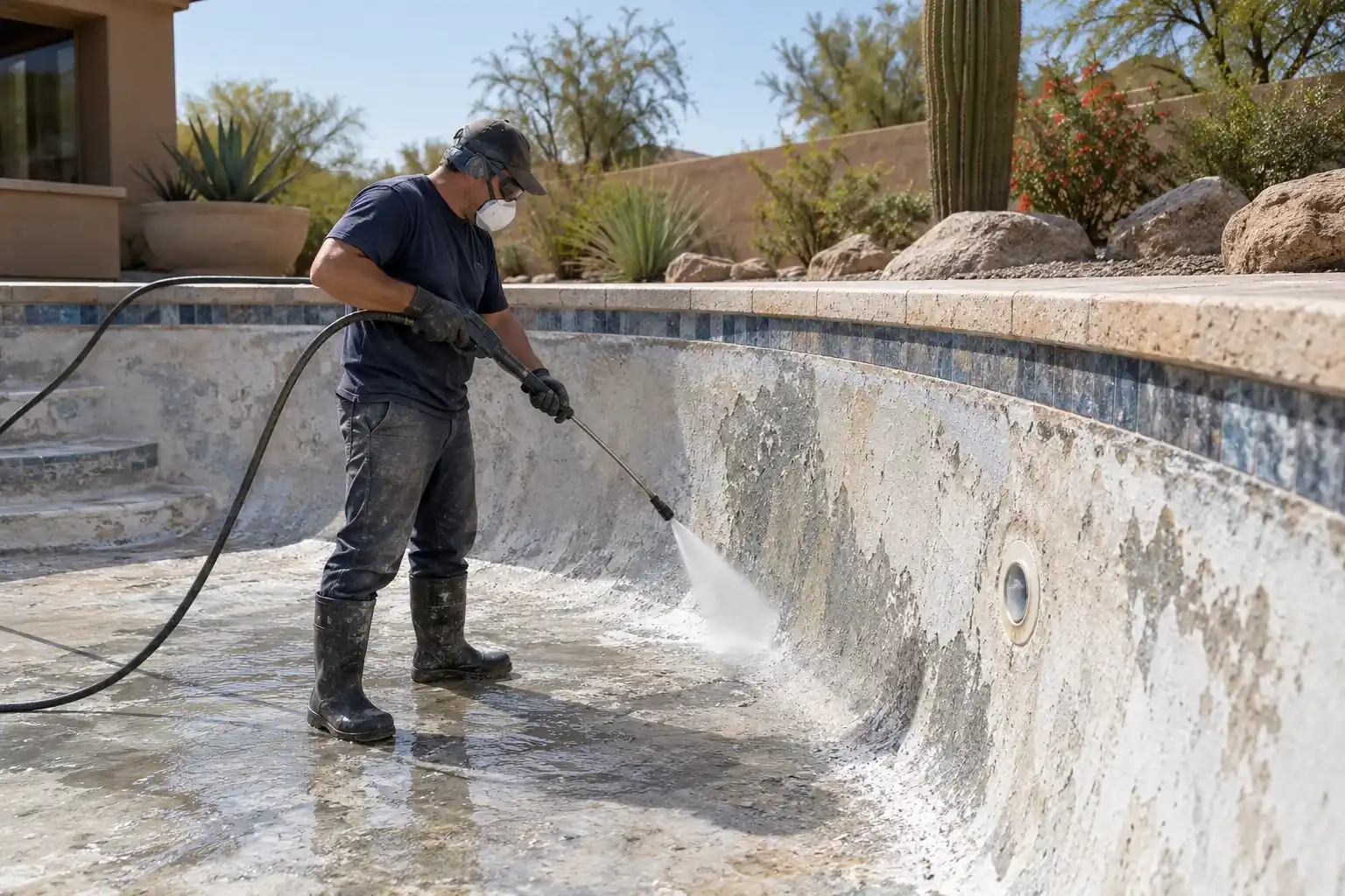 Worker pressure washing the wall of a drained pool before a new finish