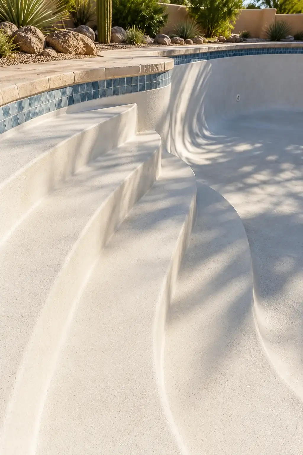 Freshly finished ivory entry stairs in an empty pool, seen from above