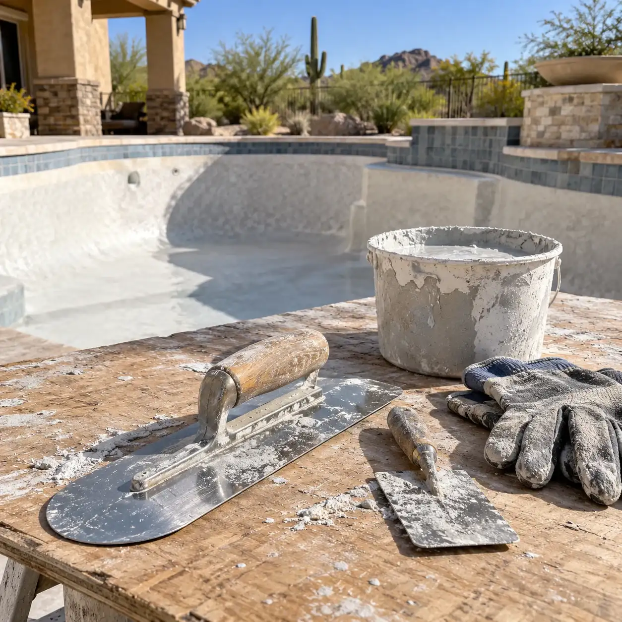 Pool plastering trowels and gloves on a board beside an empty pool