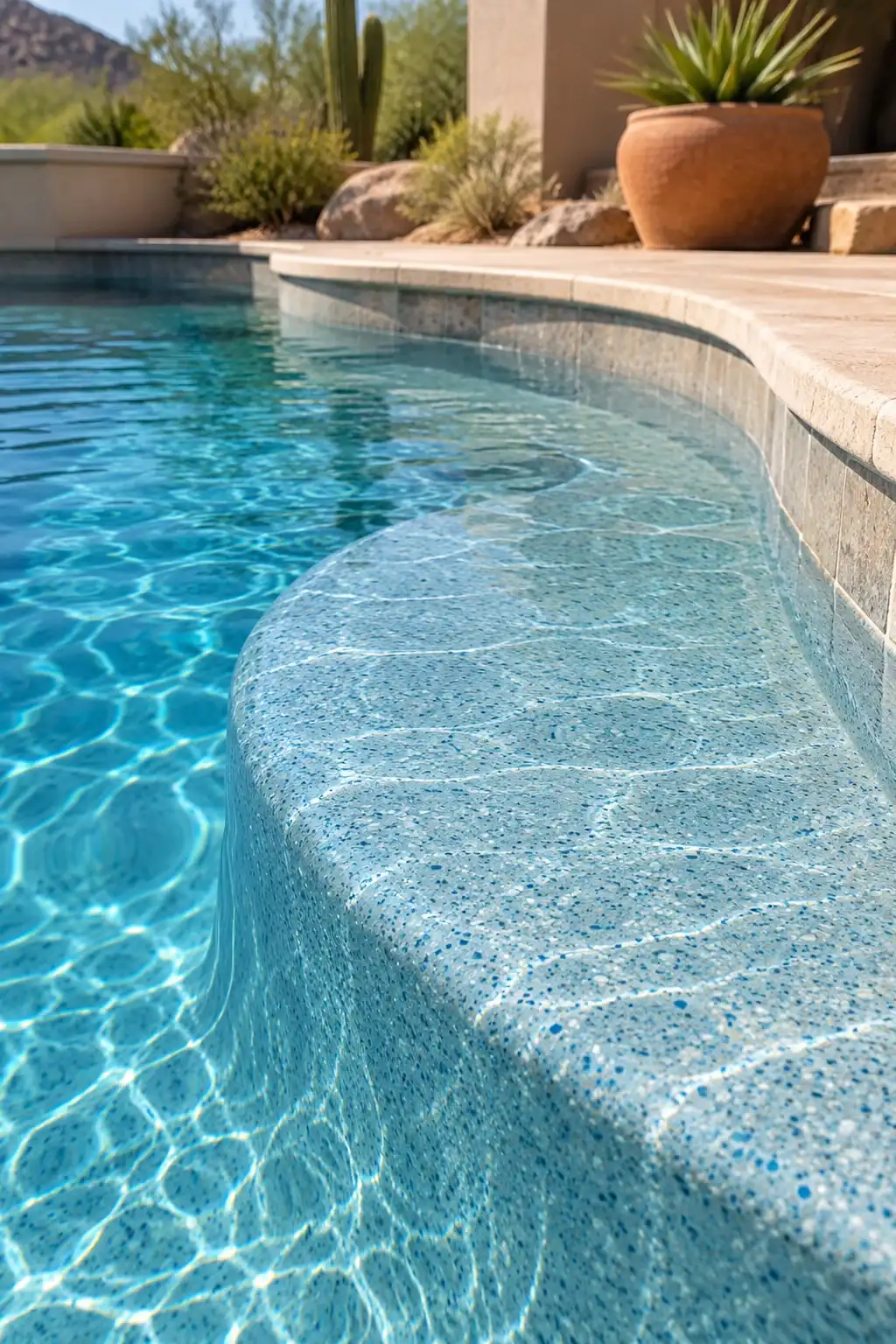 Submerged curved bench with a light blue aggregate finish under clear water